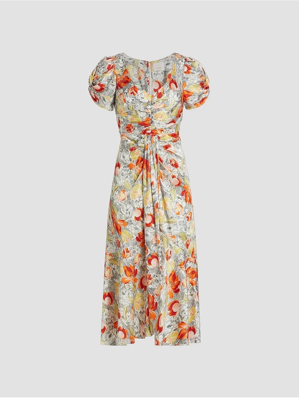 cinq a sept Floral Puff-Sleeve Midi Dress in Orange, Yellow & Cream